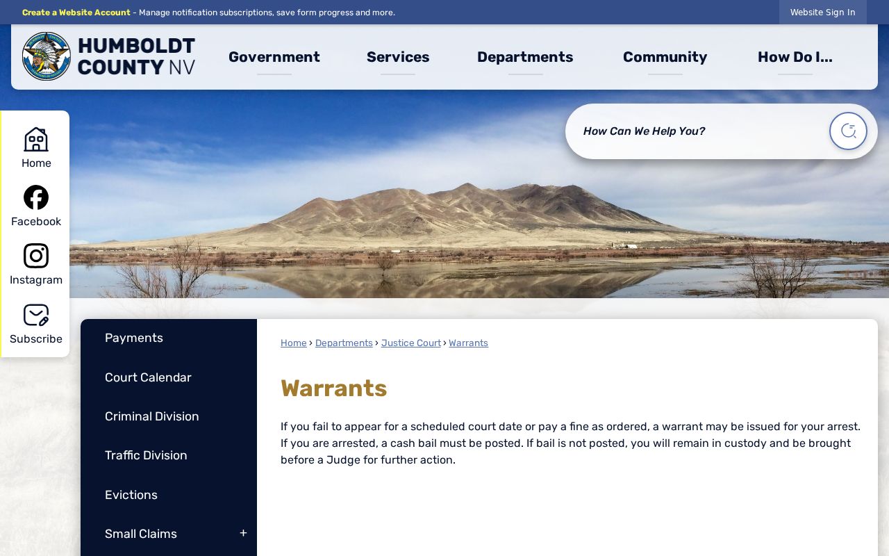 Humboldt County warrant records Union Justice Court official page